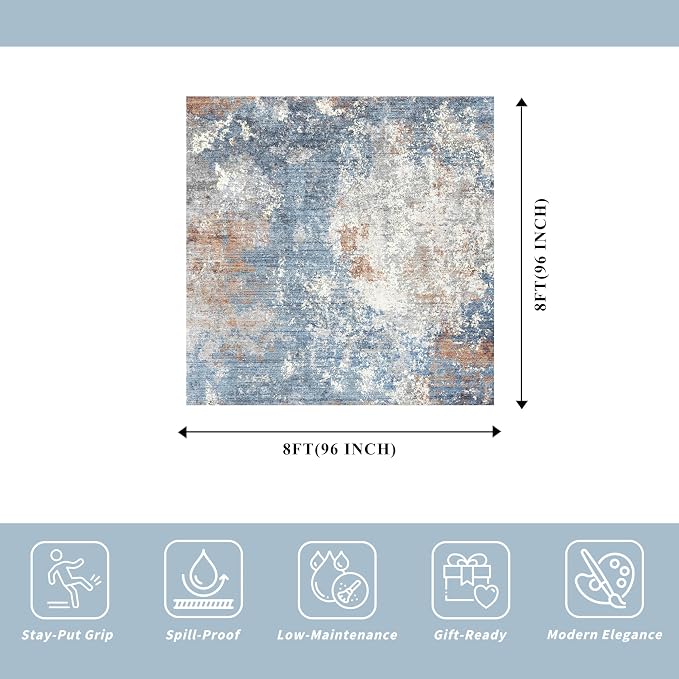 8x8 Square Living Room Area Rug – Washable Modern Neutral Abstract Indoor Rug - Image 2