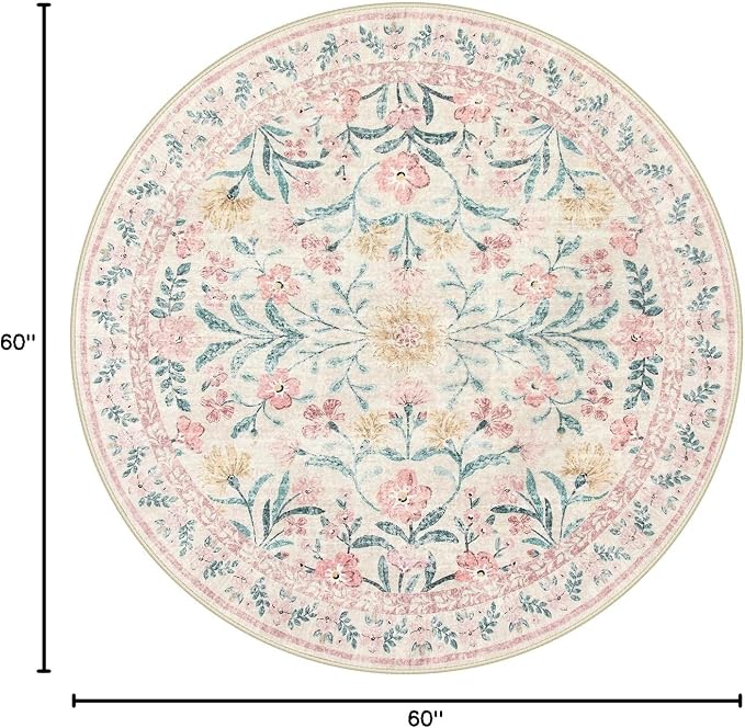 Wonnitar Pink Floral Round Rugs 5ft, Soft Circle Rug Non Slip Washable Round - Image 2