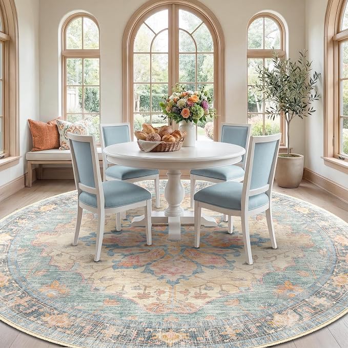 RELEANY Area Rugs Round 8ft Washable Non-Slip, Floral Vintage Distress - Image 2