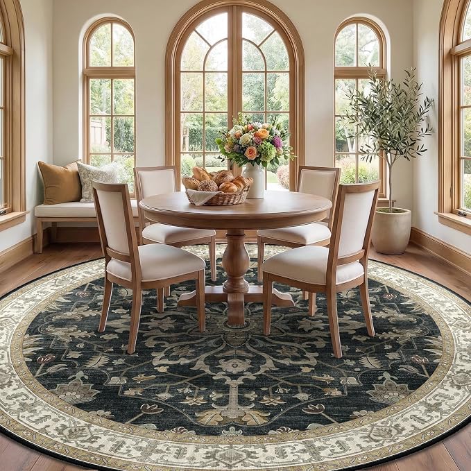 RELEANY Area Rugs Round 10ft Washable Non-Slip, Floral Vintage Distress - Image 3