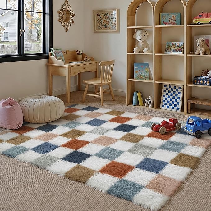 PureCozy Checkered Rug 3x5 for Living Room, Modern Rainbow Shag Rug Super Soft by PureCozy