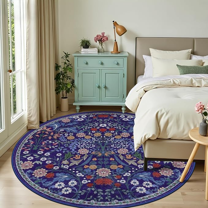 Round Area Rug for Living Room: 8 ft Floral Washable Circle Rug Soft Boho - Image 2