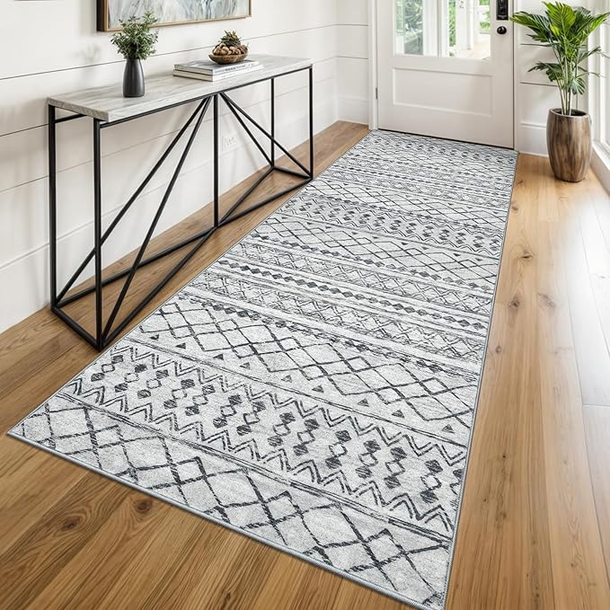 KUTA Boho Runners for Hallways 3x8 Grey Moroccan Washable Runner Rug Non-Slip by KUTA