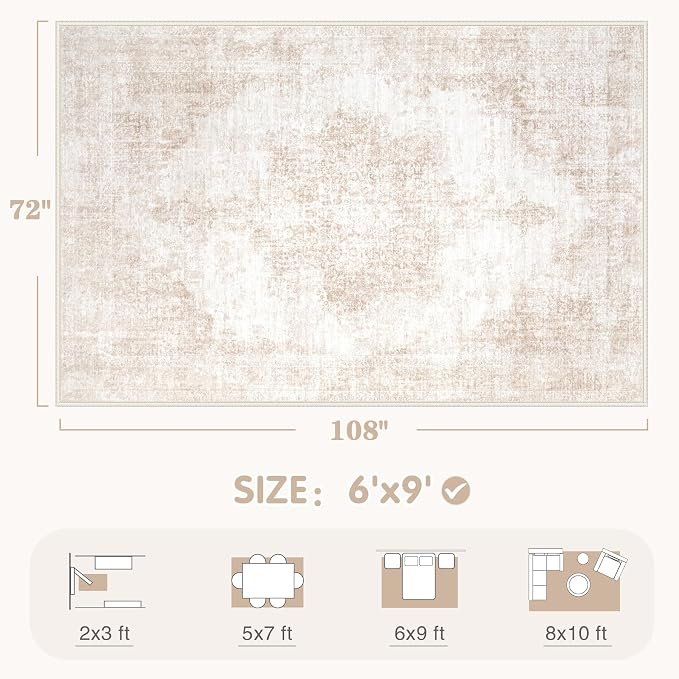 Area Rug 6x9 Vintage Rugs: Washable Living Room Rug Retro Medallion Distressed - Image 2