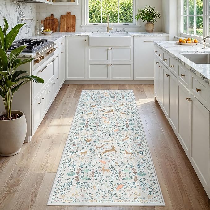 Runner Rug Washable Runners Kitchen Rugs Non Slip Neutral Floral Carpet Low Pile by Yidanamy