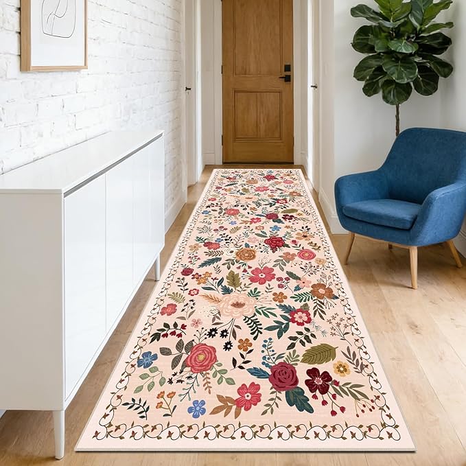 Washable Beige Red 2'6" x 8' Runners by Unknown