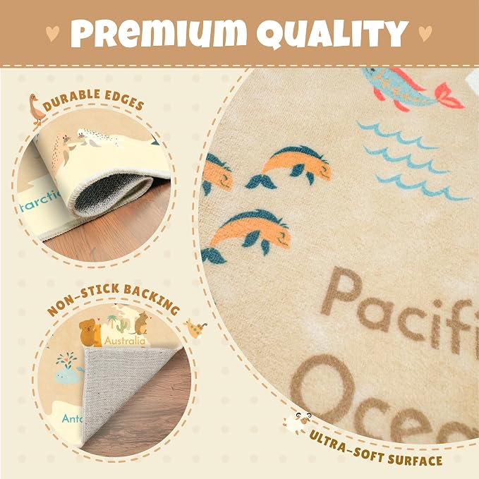 Kids Bedroom Rug with World Map & Animals – 4x6 Educational Washable Play Mat - Image 5