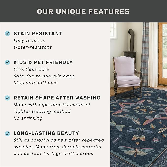 Vintage Navy Blue 2x5 Runner Rug, Washable Insect Carpet - Image 6