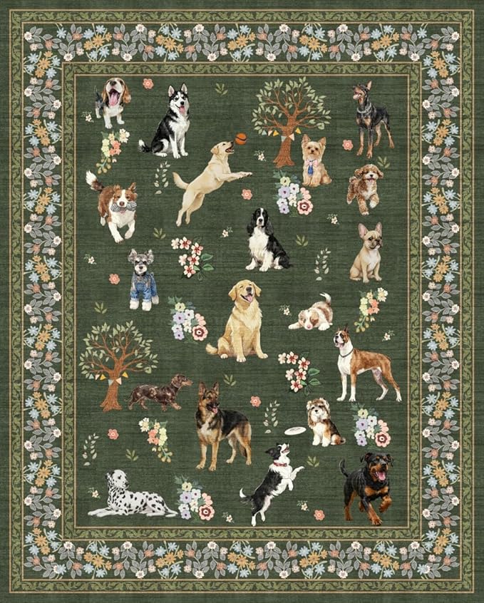 Dogs Area Rugs 9x12 Living Room, Washable Rug Non Slip Floral Low Pile Large Rug by WelcometoBabovid