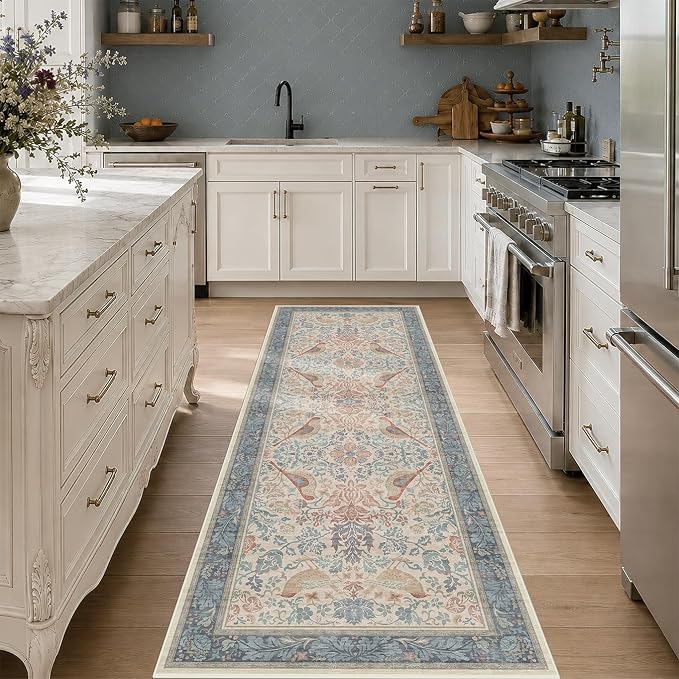 Red Blue Cream Vintage 2x6 Hallway Runner Rug - Image 3