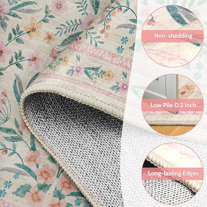 Round Boho Nursery Rug 8ft Pink Floral – Soft Washable Circle Rug - Image 4