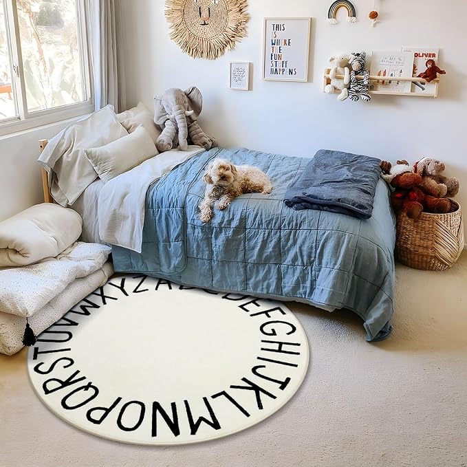 Topotdor Round Kids Play Rug Alphabet Nursery Area Rug Extra Large Soft - Image 2