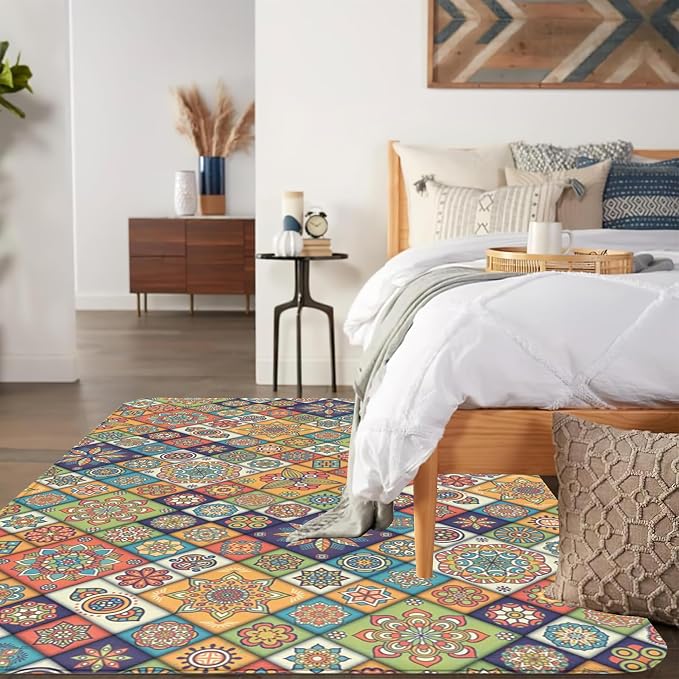 Colorful Mandala Floral Area Rug 5x7 Rust, Washable Large Rugs - Image 6