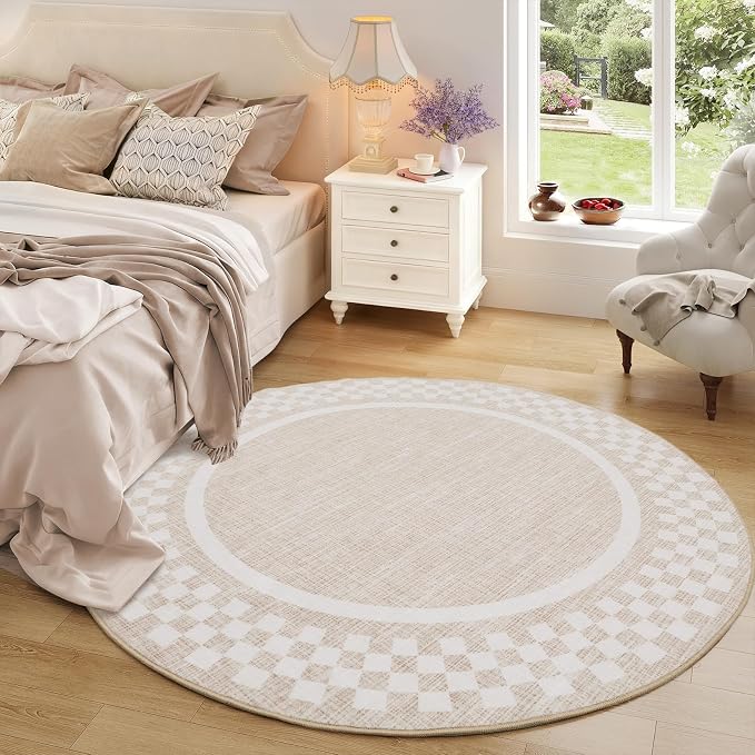 6ft Washable Round Rug for Entryway Modern Checkered Bedroom Circle Rug Non - Image 3