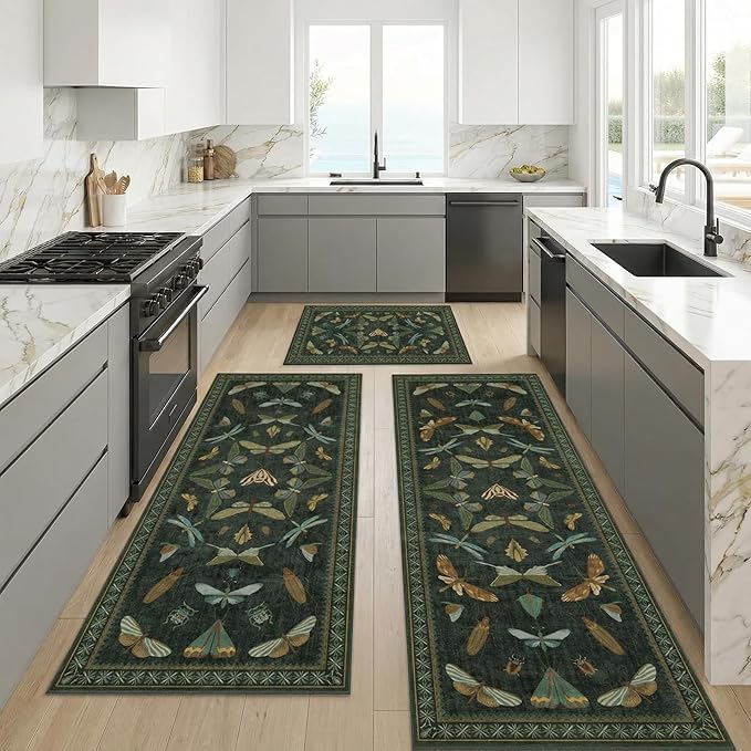 JTJ Botanical Insect Kitchen Rug Set of 3, Dark Green Nature Inspired Floor Mats - Image 5