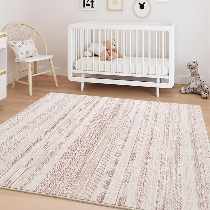 3x5 Pink Area Rug Machine Washable Non Slip Rug Distressed Neutral Moroccan - Image 3