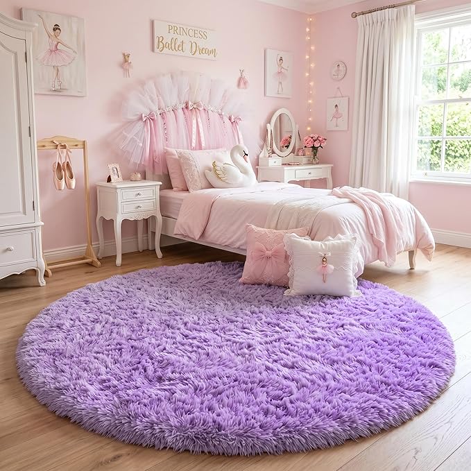 Amdrebio Purple Round Rugs 5Ft for Girls Bedroom Decor Aesthetic, Fluffy Fuzzy - Image 5