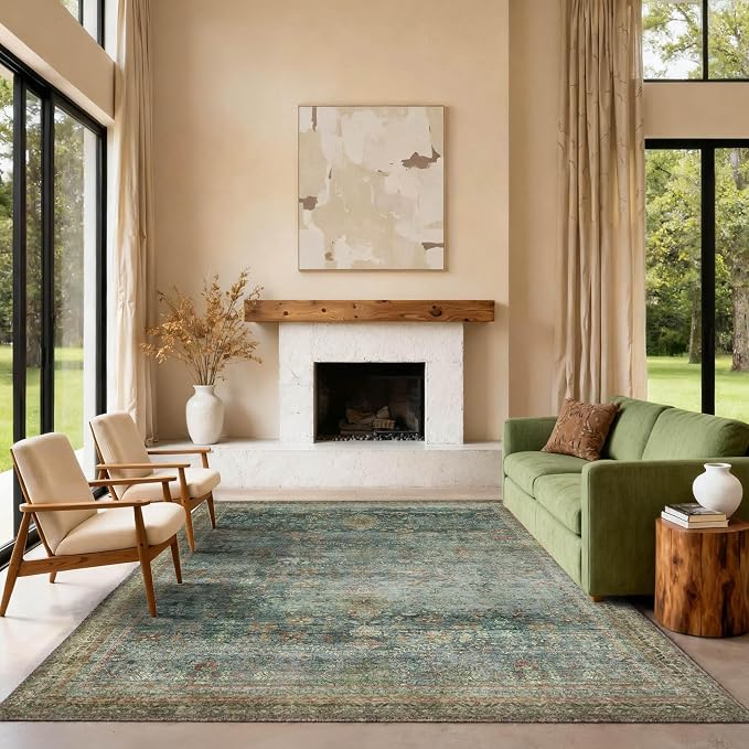 Latte&Fog 5x7 Area Rugs for Living Room, Vintage Green Washable Rug, Floral - Image 3