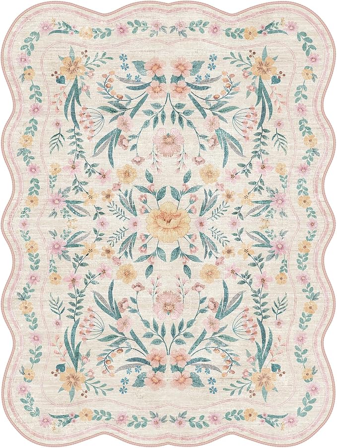 Scalloped Pink Floral Rug 6x9, Washable Soft Faux Wool Area Rug - Image 7