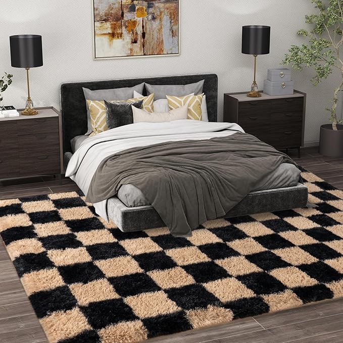 Shag Rugs for Living Room 9x12, Ultra Soft Checkered Black Beige Big Fuzzy Rugs - Image 3
