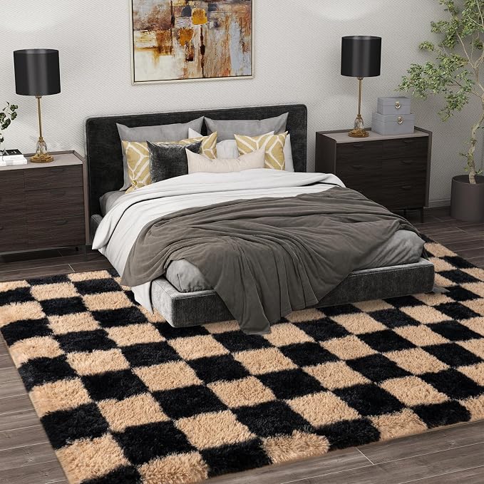 Shag Rugs for Living Room 8x10, Ultra Soft Checkered Black Beige Big Fuzzy Rugs - Image 3