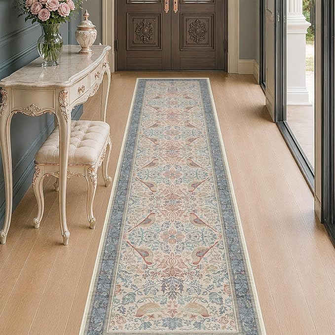 Hazo Haus Soft Red Blue 2x10 Long Hallway Runner Rug, Boho Farmhouse Rug by HazoHaus