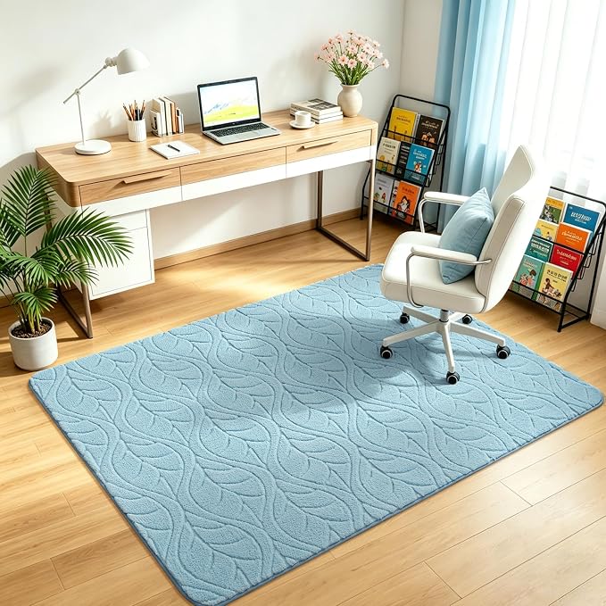 4x6 Blue Washable Area Rug for Bedroom, Leaf Geometric Patter Shag Non-Slip - Image 5