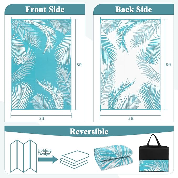 Pauwer Waterproof Outdoor Rug 5x8, Reversible Plastic Straw Patio Camping Rug - Image 2