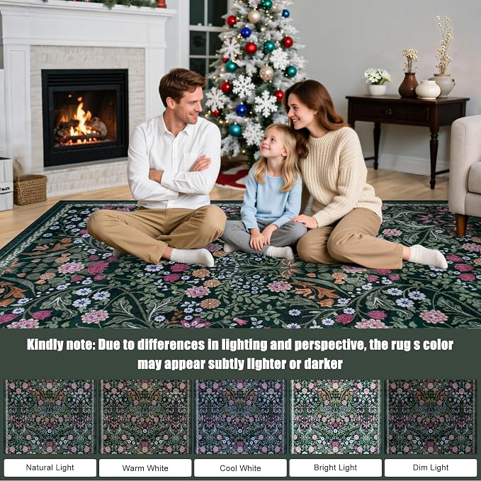 Round Area Rug for Living Room: 8 ft Floral Washable Circle Rug Soft Boho - Image 9