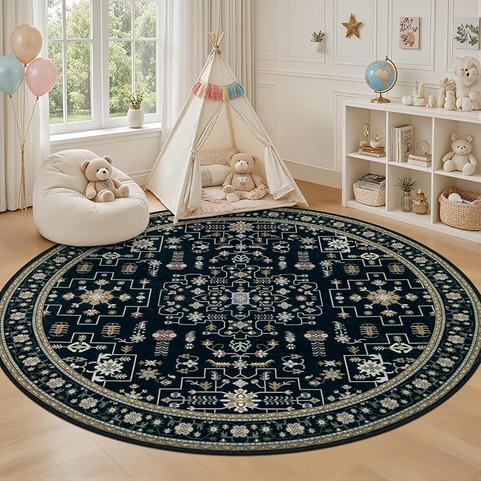 Round Area Rug for Living Room: 4 ft Washable Vintage Boho Soft Thin Circle Rug - Image 5