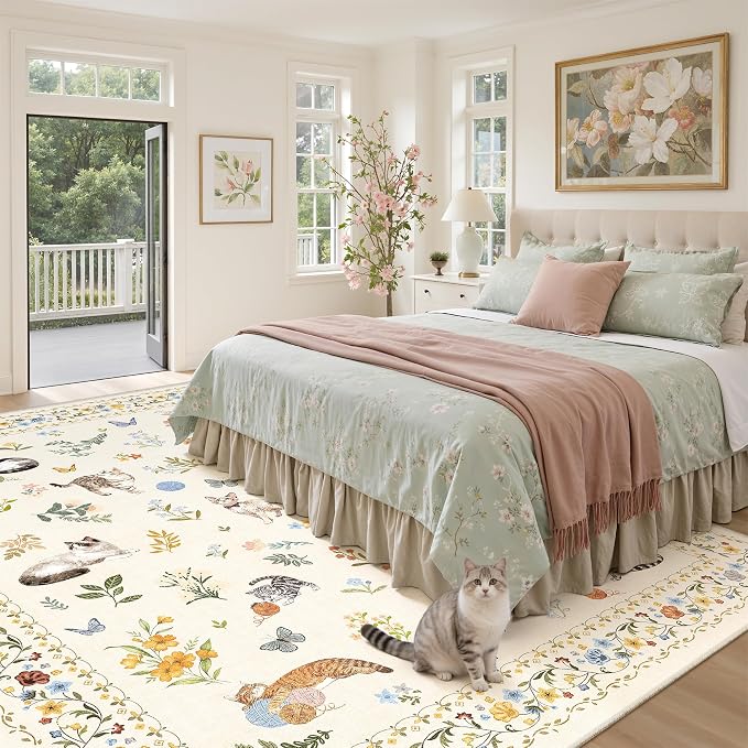 Soalmost Cat 9x12 Area Rugs for Living Room, Machine Washable Animal Floral - Image 4