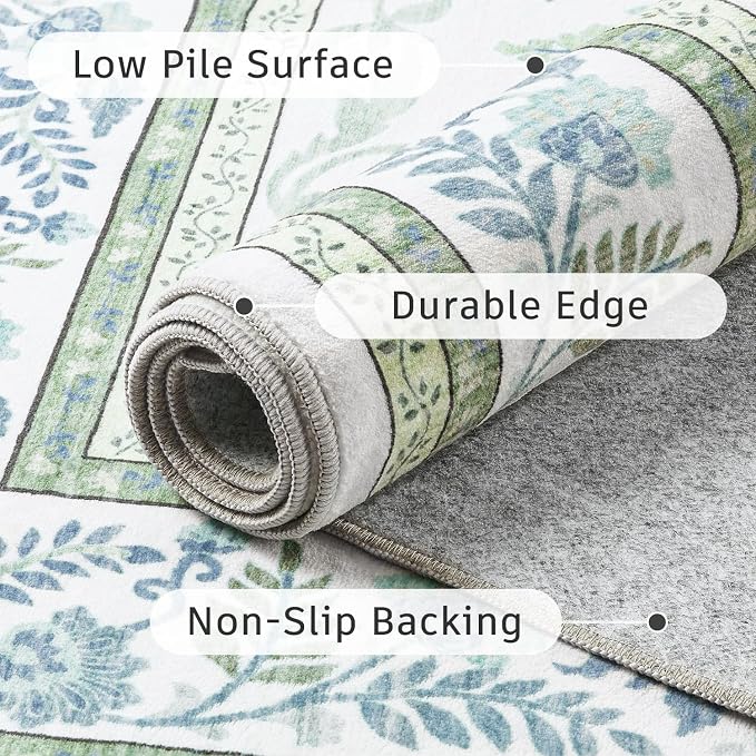 DCX Area Rug 5x5 Botanical Floral Washable Rugs in Green and Blue Soft Non Slip - Image 6