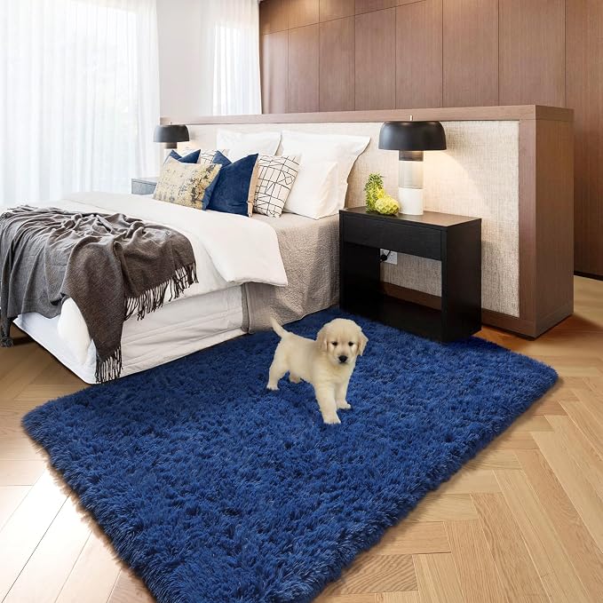 Amdrebio Navy Blue Area Rugs for Boys Bedroom, Fluffy Shag Furry Bedside Rug - Image 7