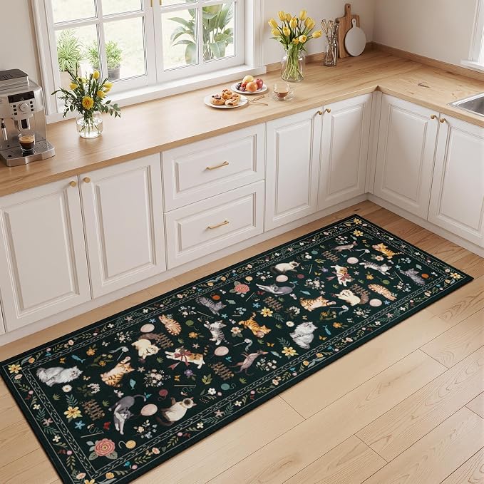 Unirea 2x6 Black Cat Runner Rug, Washable Non Slip Botanical Rug - Image 6