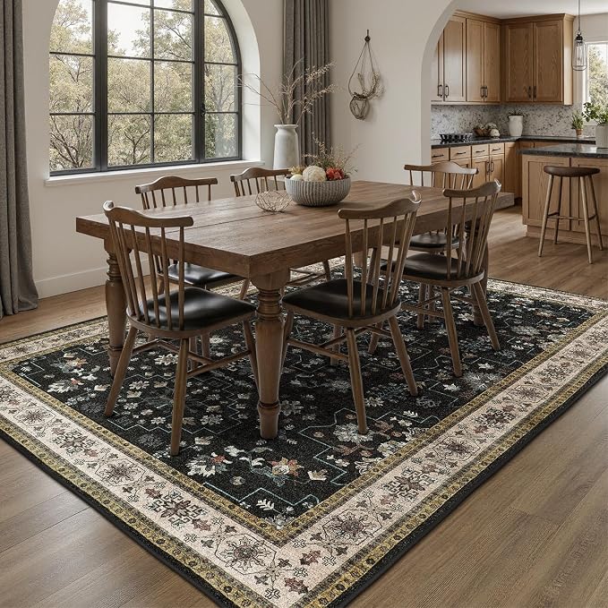 DCX Machine Washable Black Area Rug 9x12, Non Slip Stain Resistant Vintage Area - Image 4