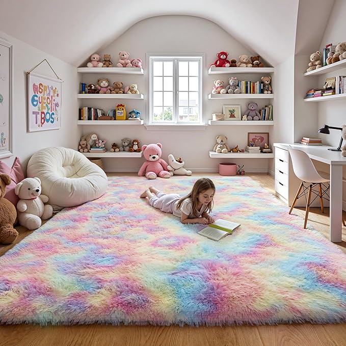 Fluffy 9x12 Large Area Rugs for Girls Bedroom Living Room, Rainbow Soft by KICHOWUA