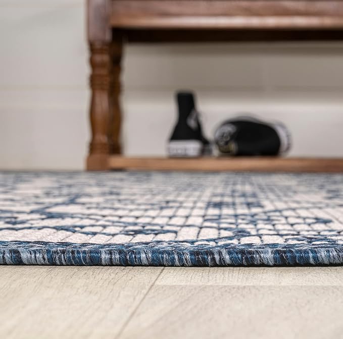JONATHAN Y Vintage Filigree Indoor Outdoor Square Area Rug 5X5 Blue/Cream - Image 4