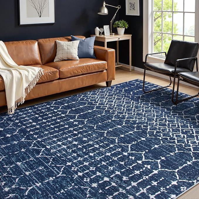 Lahome Moroccan Blue Rugs for Living Room Washable Rugs 8x10 Non-Slip by Lahome