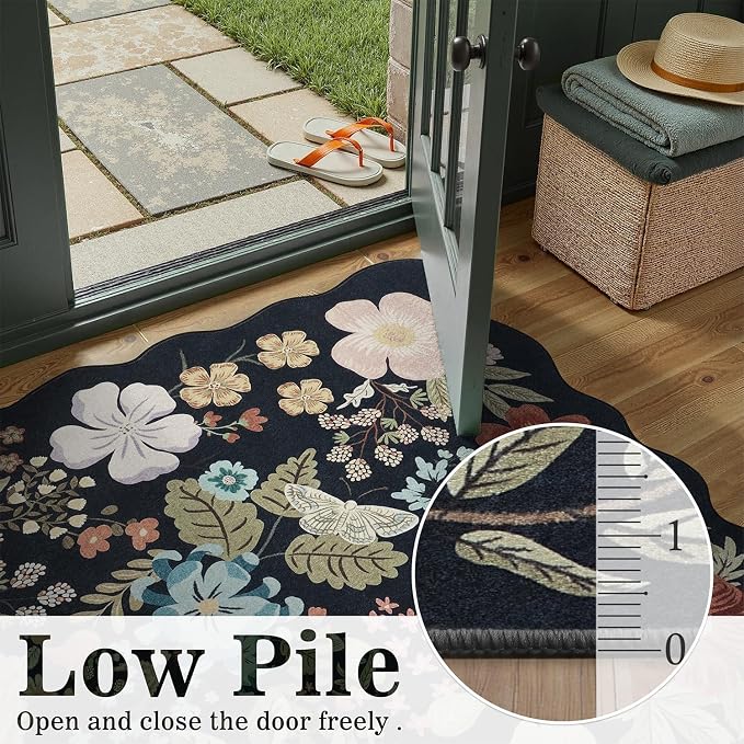 DCX Black Floral Rug 2x6, Washable Black Rug - Image 4