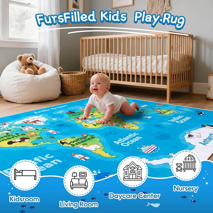 Kids Playroom Rug, 7x9ft World Map Play Mat - Image 3