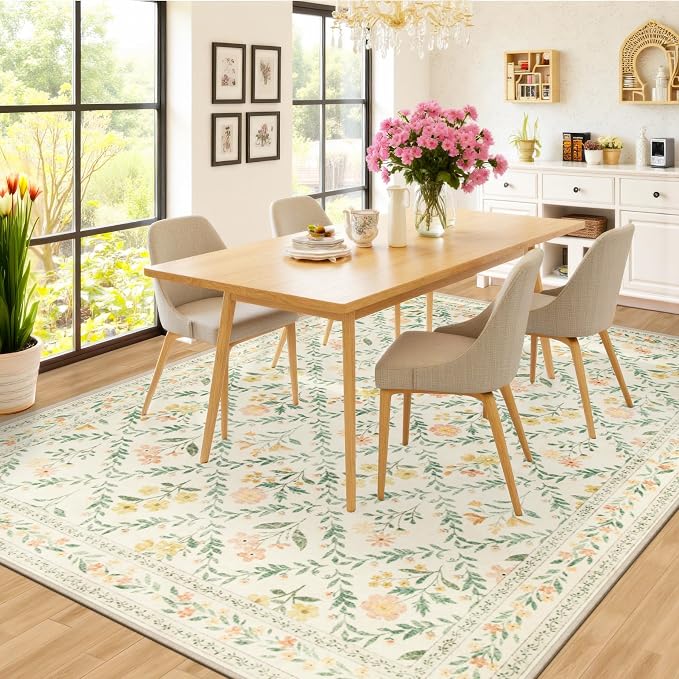 Area Rugs 9x12 Living Room: Floral Washable Rug Vintage Large Soft Boho - Image 4