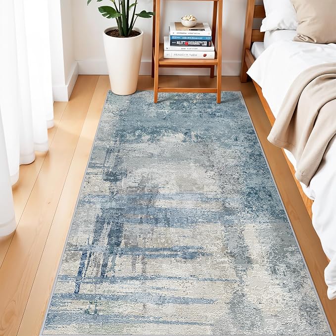 Blue Abstract 3x6 Washable Non-Slip Hallway Runner Rug | Modern Soft Low Pile - Image 4