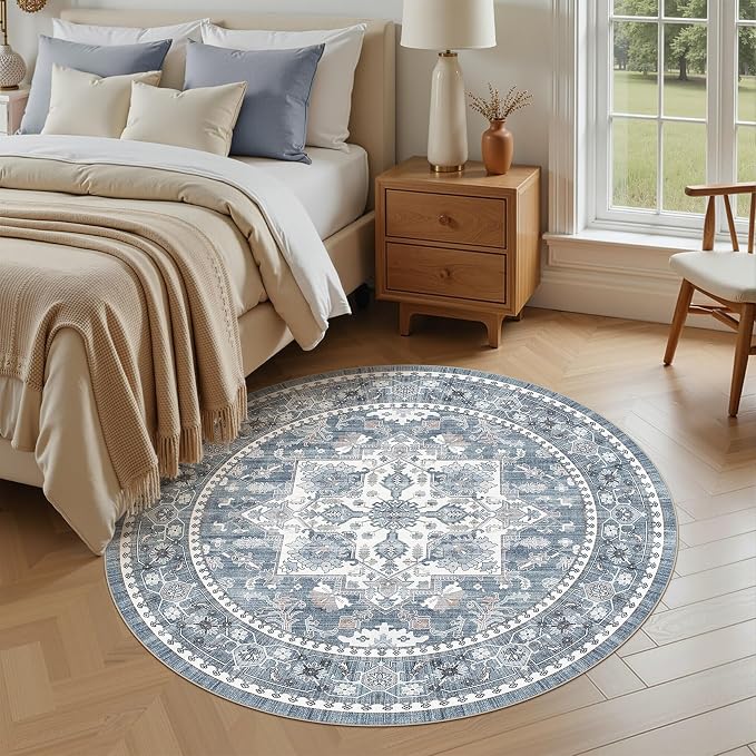 5ft Round Area Rug: Washable Vintage Neutral Soft Non Slip Thin Large Floor - Image 2