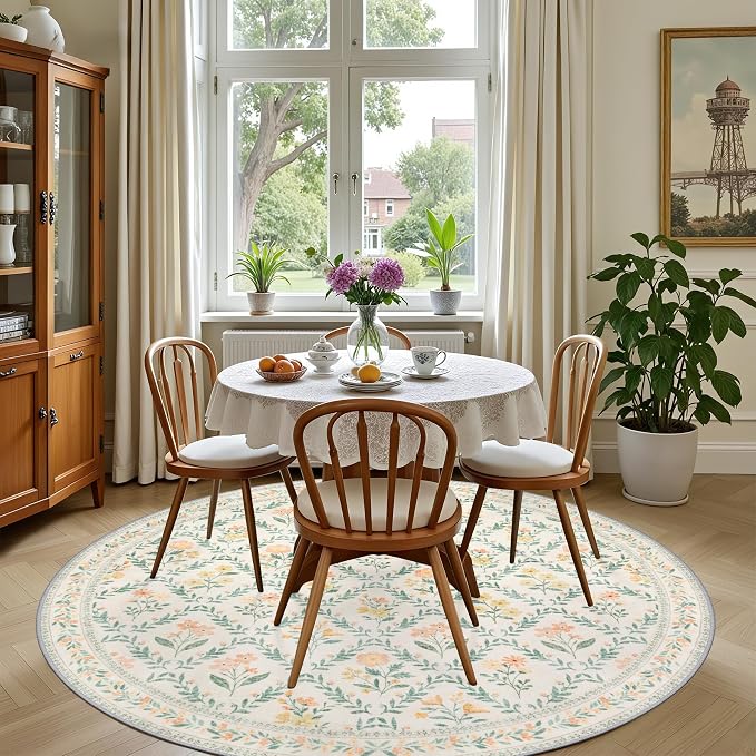 Round Area Rug for Living Room: 6 ft Floral Washable Circle Rug Soft Non-Slip - Image 4