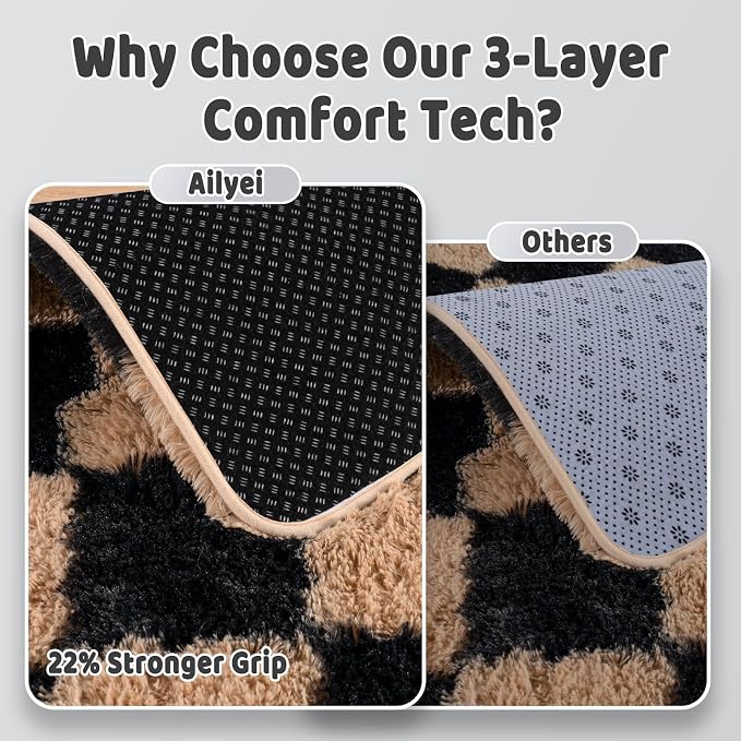 Shag Rugs for Living Room 9x12, Ultra Soft Checkered Black Beige Big Fuzzy Rugs - Image 6