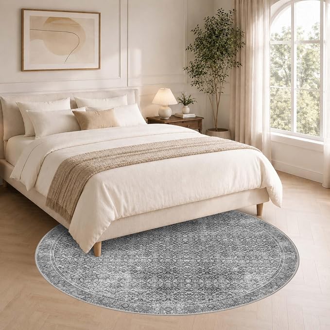 Latte&Fog Round Rug Washable Vintage Non Slip Circle Area Rug | Washable - Image 3