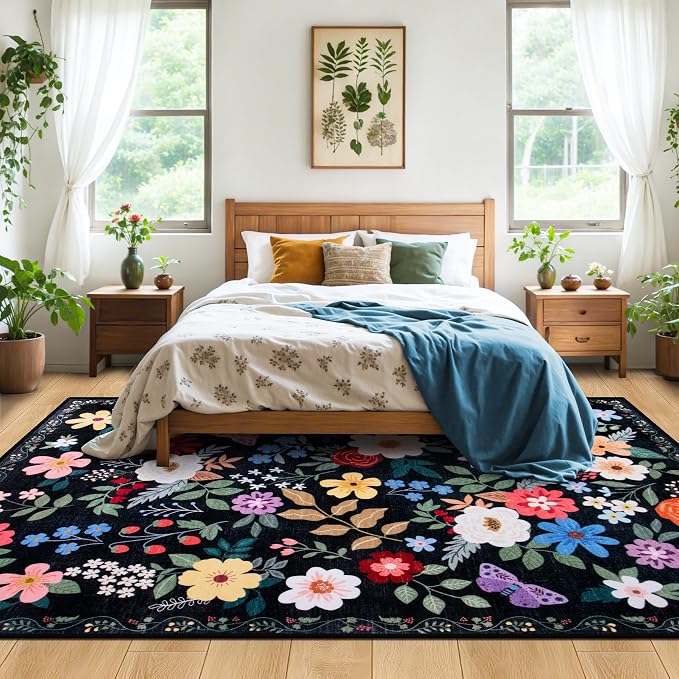 10x14 Area Rugs for Living Room: Floral Washable Rug Vintage Large Soft Boho - Image 3