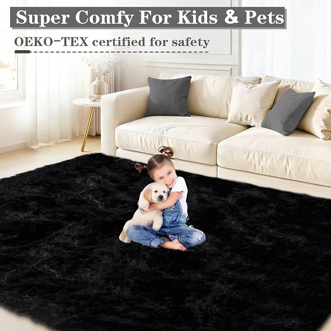 8x10 Area Rugs for Living Room: Soft Black Fluffy Rug Shag Washable Rug Plush - Image 8
