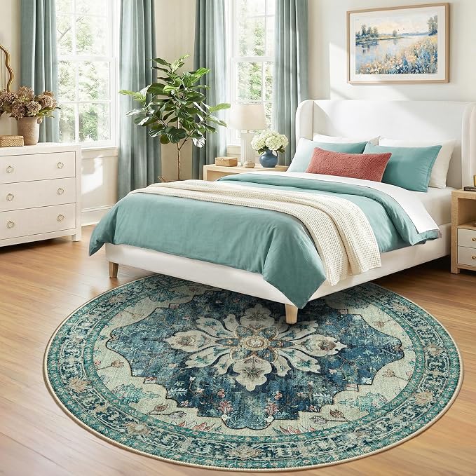 RELEANY Area Rugs Round 8ft Washable Non-Slip, Floral Vintage Distress - Image 3