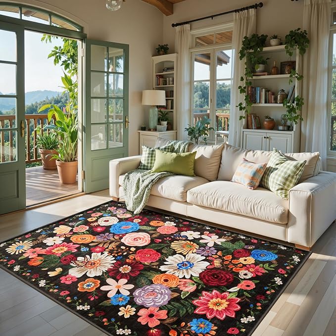 Espresso Area Rugs 10x14 for Living Room, Non Slip Machine Washable Floral Rugs - Image 8